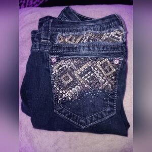 Miss Me Dark Blue Boot Cut Size 28 Jeans with Silver and Gold Embellishments